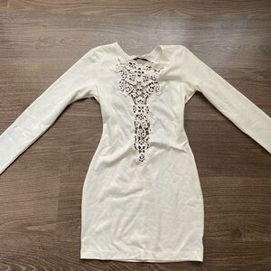 Cream Embellished Long Sleeve Bodycon Dress